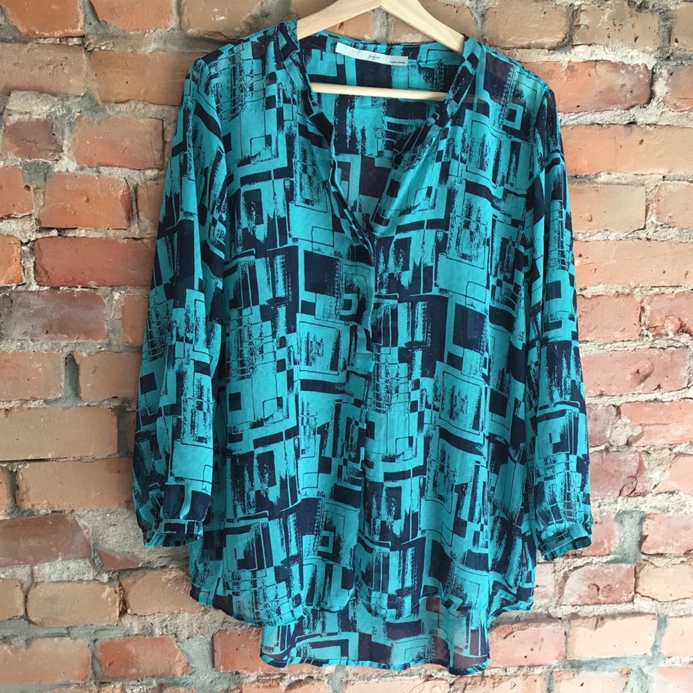 Gibson EUC teal abstract print blouse